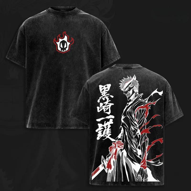 BLEACH Kurosaki Ichigo Manga T-shirt Anime Printed Vintage Washed Oversized T Shirt Summer Short Sleeve Cotton Tees Tops