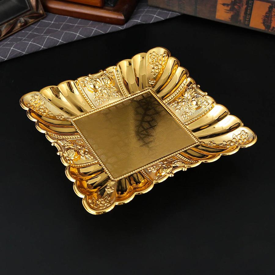 Fruit Serving Plate Metal Storage Tray Vintage Gold Square shape Carved patterns Decorative Plate Dessert Display Holder
