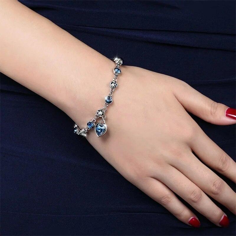 Fashion Heart of Ocean Pendant Bracelets New Shiny Blue Crystal Love  Bracelet for Women Valentine's Day Jewelry Wholesale