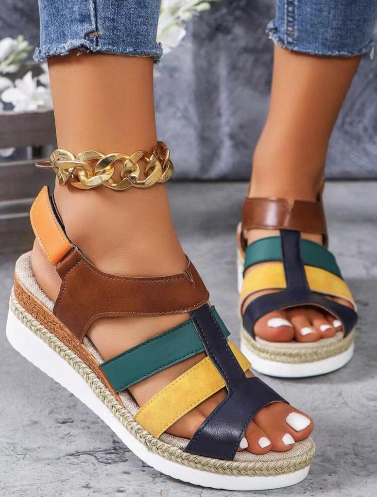 2024 summer new Velcro fish mouth casual shoes color matching flat sandals retro beach shoes women hollow