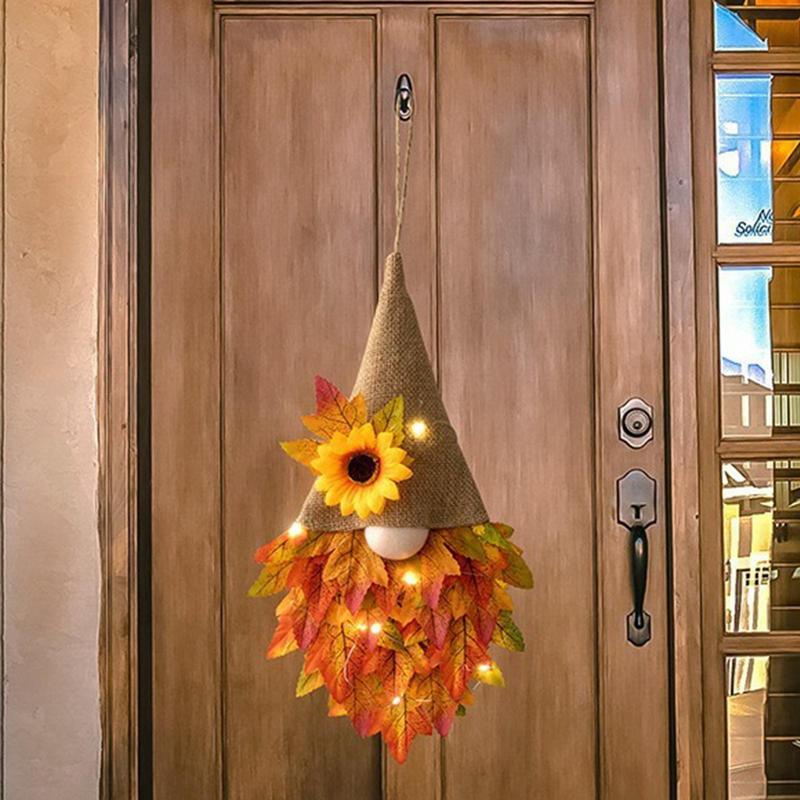 Thanksgiving Wreath With Lights Fall Gnome Door Decoration Hangable Porch Garland Artificial Flower Wreath For Party Wall Window