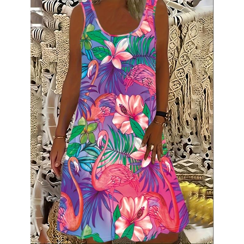 Large Women's Tropical Floral Flamingo Print Sleeveless Dress Suitable for All Seasons