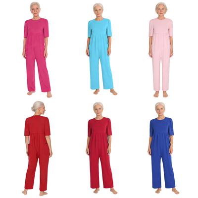 S-XXL Damen Anti-Strip Romper Kurzarm Seitentaschen Vollbein Reißverschluss hinten Adaptiver Jumpsuit für Alzheimer-Demenz-Patienten