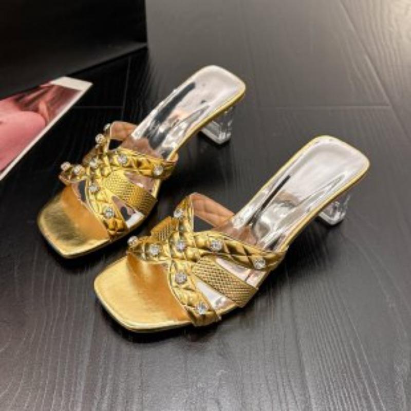 

Мода 2025 Лето Современные женские шлепанцы с открытым носком Квадратный носок Высокий каблук Сандалии со стразами Модные шлепанцы для вечеринки большого размера 42 золотой