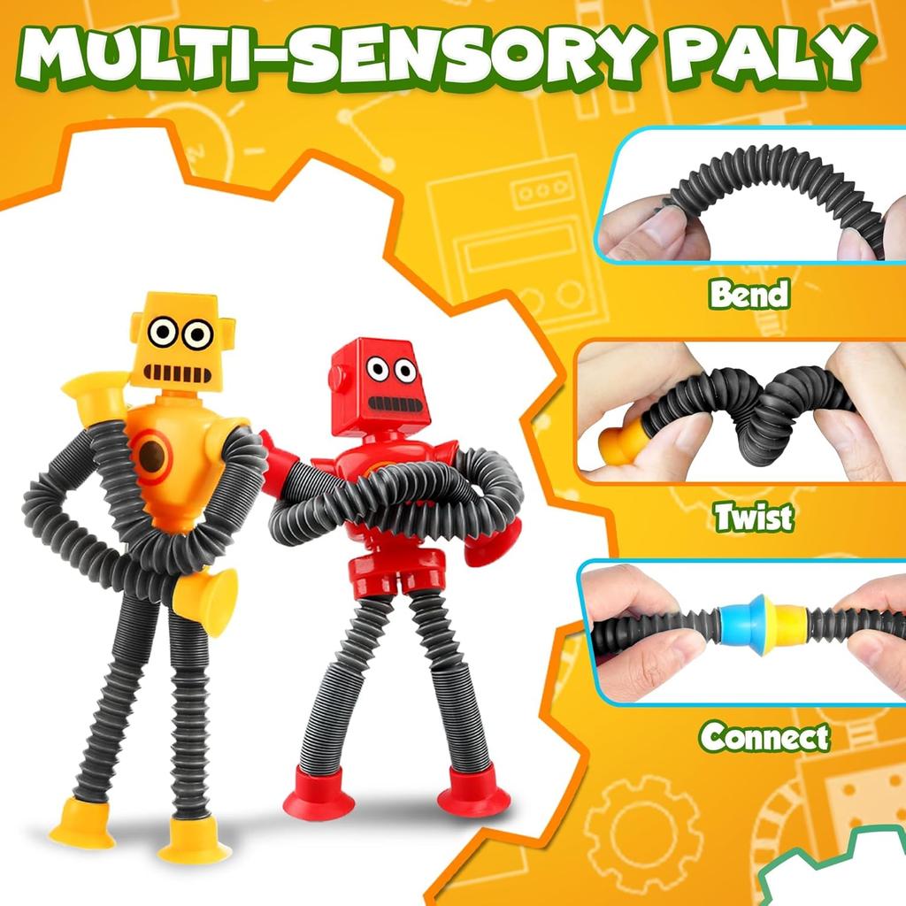 4PCS Suction Cup Robot Toy Shape Changing Telescopic Pop Tubes Autism Sensory Toy Robot Action Figure Bendable Fidget Toy