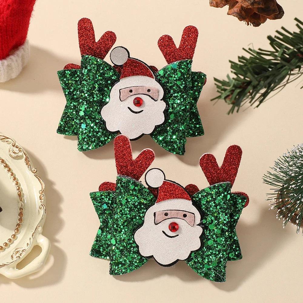 2pcs Glitter Christmas Kids Bows Hairpin for Girls Antlers Printed Fabric Ponytail Clips Christmas Holiday Prom Hair Accessories