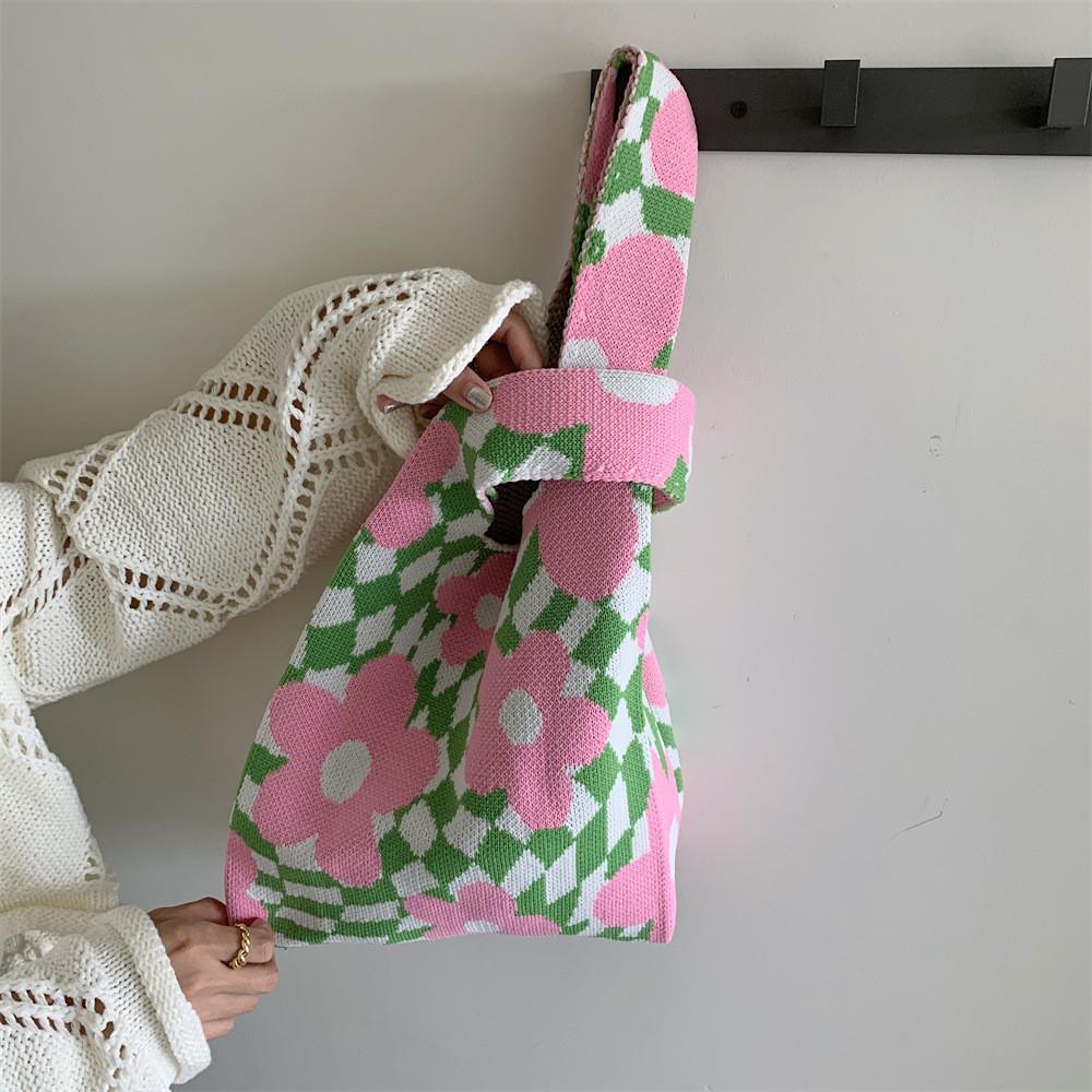 Floral Trendy Woven Knitted Clutch Bag In Soft Polyester For Outings Casual