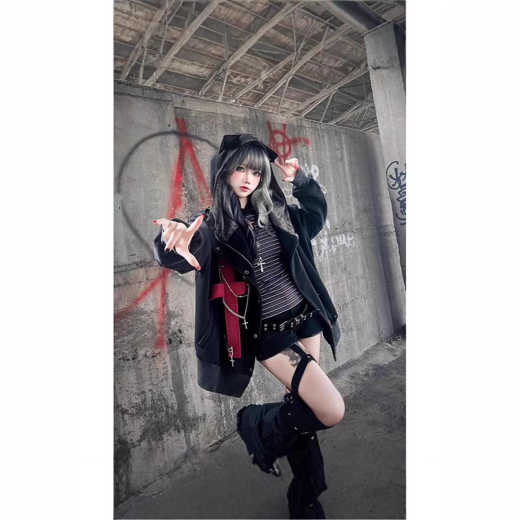 

Y2K Punk Dark Style Cat Ear Chain Cross Fleece Hoodie L