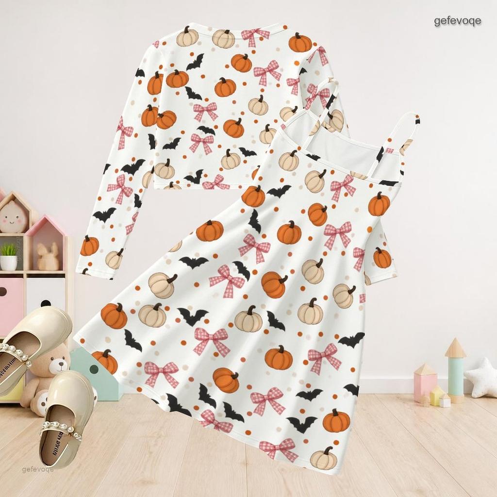 Girls White Halloween Two Piece Outfit Long Sleeve Cardigan Sleeveless Dress Pumpkin Bat Bow Print