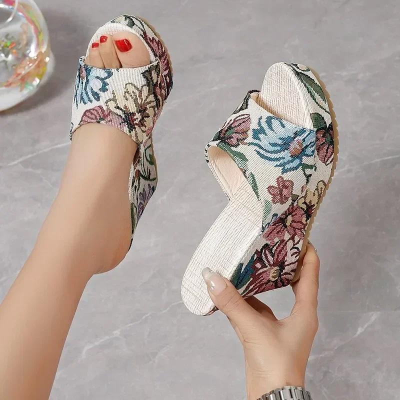 2025 Women Shoes Fashion Shoes Casual Flip Flops Summer Vintage Floral Print Peep Toe Wedge Slippers 35-42