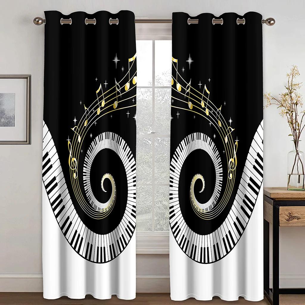 3D Piano Black and White Notes Romantic Innovative Curtains Living Room Kitchen Bedroom Balcony Window Decor Curtains 2 Panels