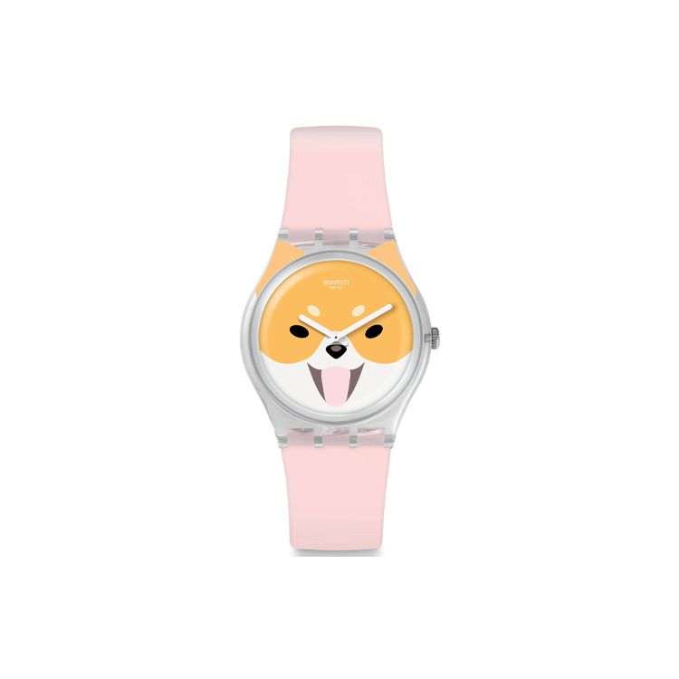 Swatch Originals Series Quartz Movement Playful Akita Cute Watch 34Mm Yellow Dial Plastic Case Silicone Strap Unisex watches GE279 Pink