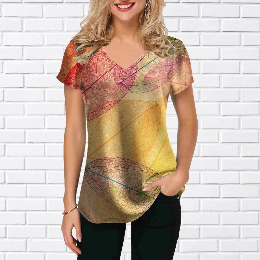 Blusa feminina com decote em V, manga curta, girassol, folhas coloridas, estampadas, camiseta solta, blusa casual