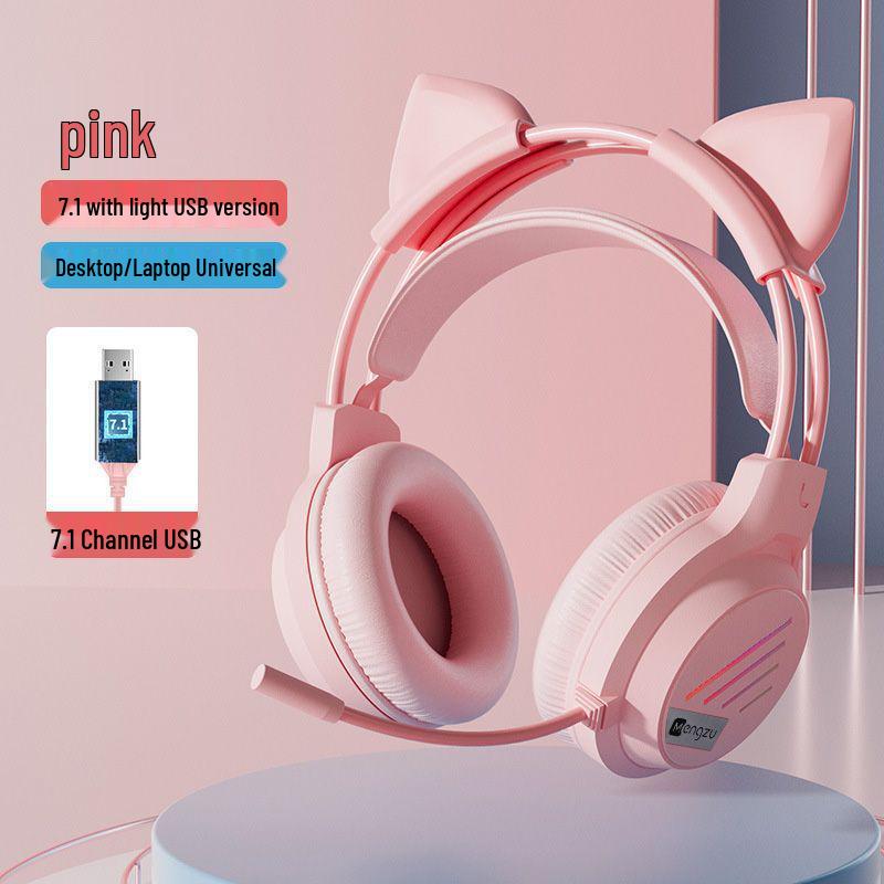 Glowing Cat Ear Wired Headphones: Cute Gaming Headset for Girls - Compatible with Desktop & Laptop Computers