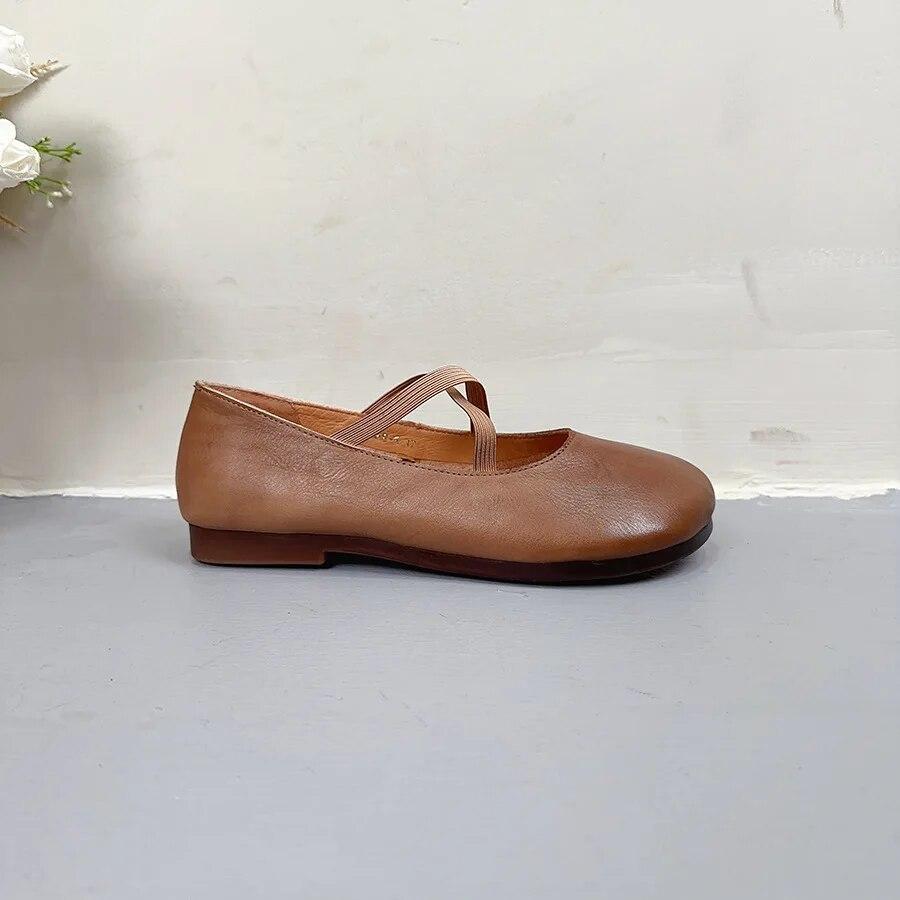 Johnature Genuine Leather Shallow Flats Retro Loafers Comfortable Soft Sole Round Toe Versatile Women's Shoes