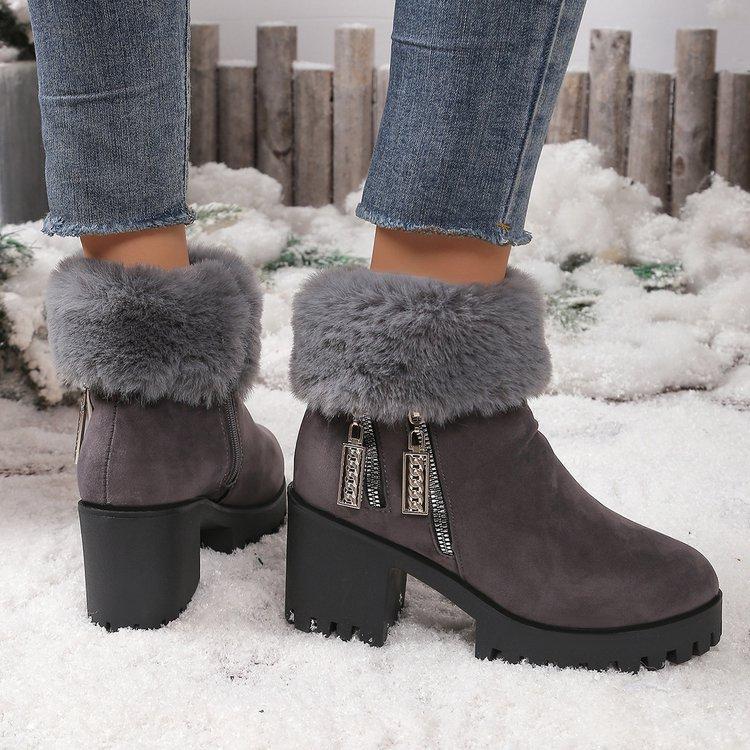 Square Heel Women Winter Shoes Classic Buckle Warm Fur Snow Ladies Boots High Heels Black Platform Ankle Boots