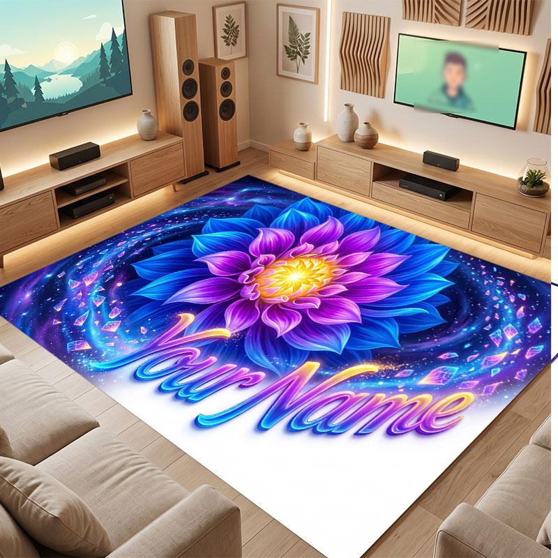 Floral Garden Theme Crystal Velvet Floor Rug Personalized Custom Name Text Warm Carpet Home Decoration
