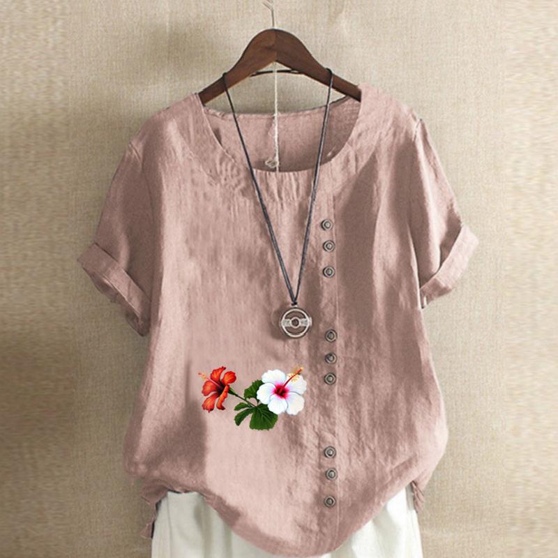 Women's Fashion Round Neck Short Sleeve T-shirt Casual Cotton Linen Graphic Shirt Leisure Loose Flowers Prined Summer Blouse Tops