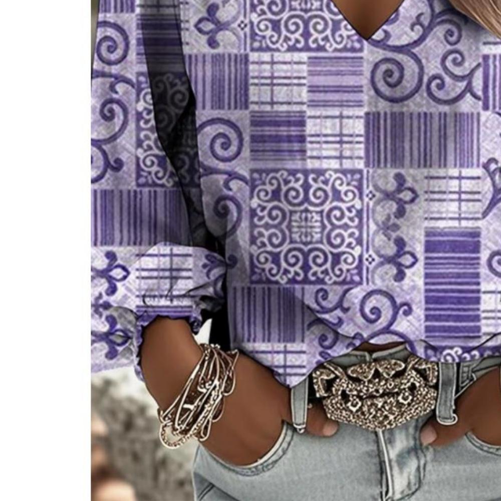 Printed Retro V-neck Women's Geometric Pattern Long-sleeved Top, New Style Women's Retro Western-style Printed V-neck Blouse