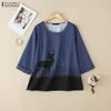 ZANZEA Women Casual Round Neck 3/4 Sleeve Loose Print Blouse