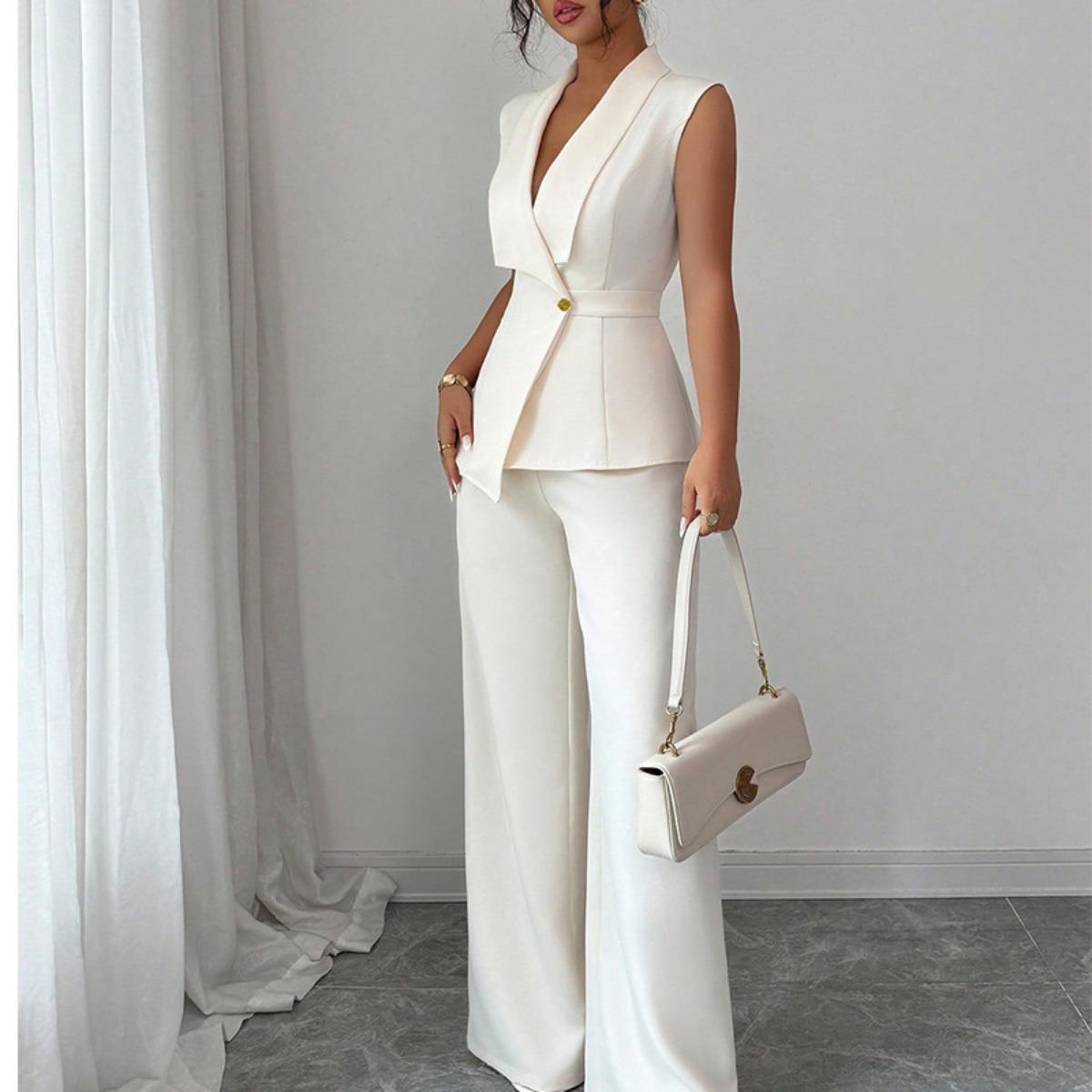 Fall Women s Elegant Solid Color Vest Straight Pants Two Piece Set Outfit, Cross-border Europe America Casual Suit S
