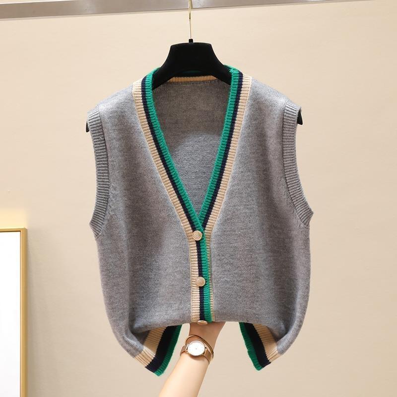 Color Blocking V-neck Knitted Vest Women's Trendy Fashion Autumn and Winter College Style Cardigan Sweater Jacket