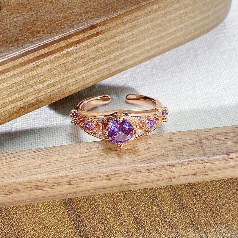 Rose Gold Purple Full Diamond Zircon Geometric Opening Ring Personality Light Luxury High Sense Retro Exquisite Ring Woman