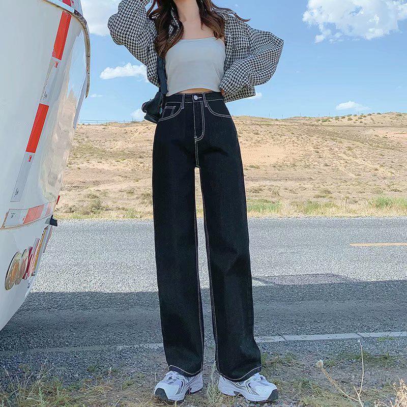 Women s High Waist Slimming Dark Blue Denim Wide Leg Jeans - Autumn/Winter Korean Style Medium