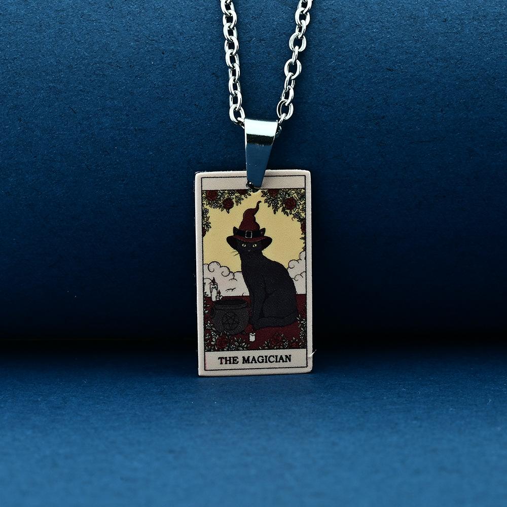 Stainless Steel Cat Tarot Card Necklace for Men Women Animal Divination Jewelry Accessory