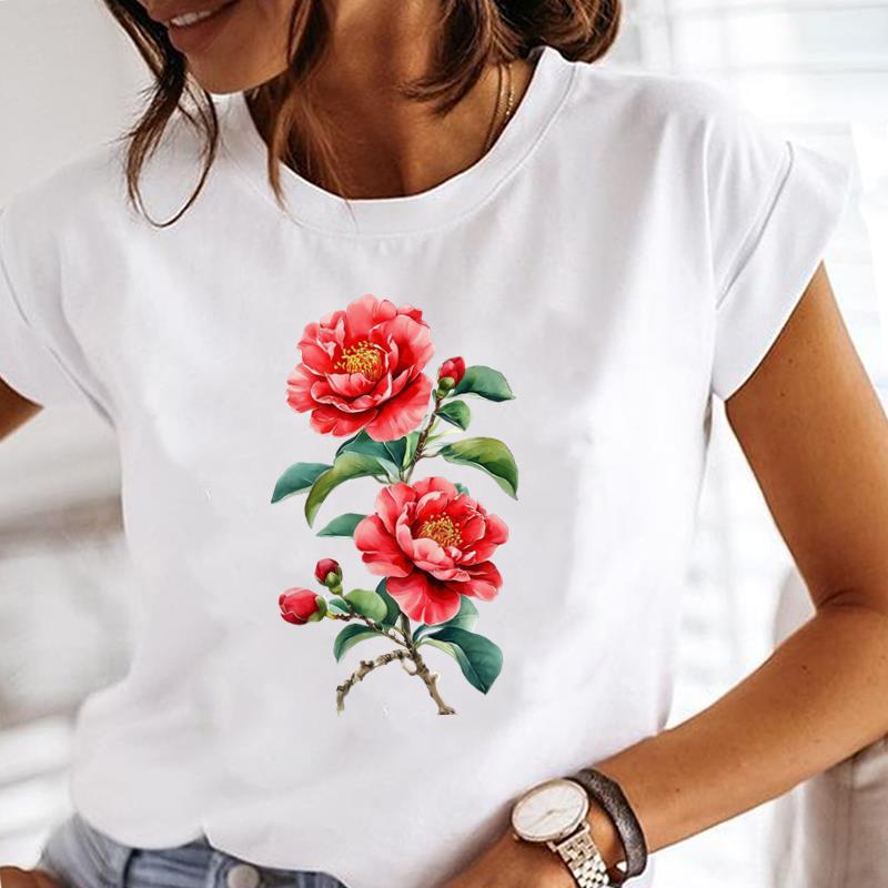 (Asian Size) flower letter Printed Tee Women Lady Female Top summer Clothing Casual T Shirt Fashion Graphic Short Sleeve T-shirts