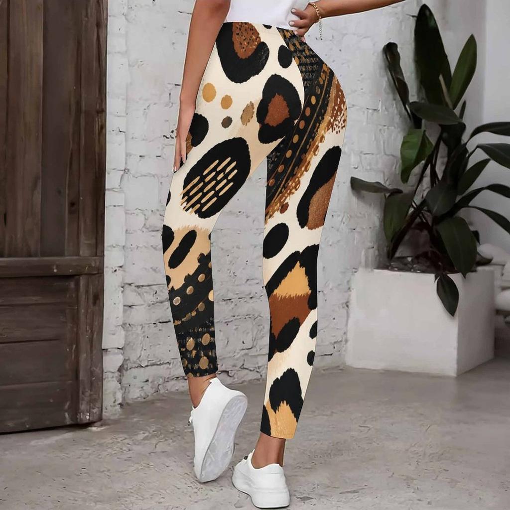 Women Plus Size High Waist Full Length Leopard Rose Floral Printed Yoga Leggings