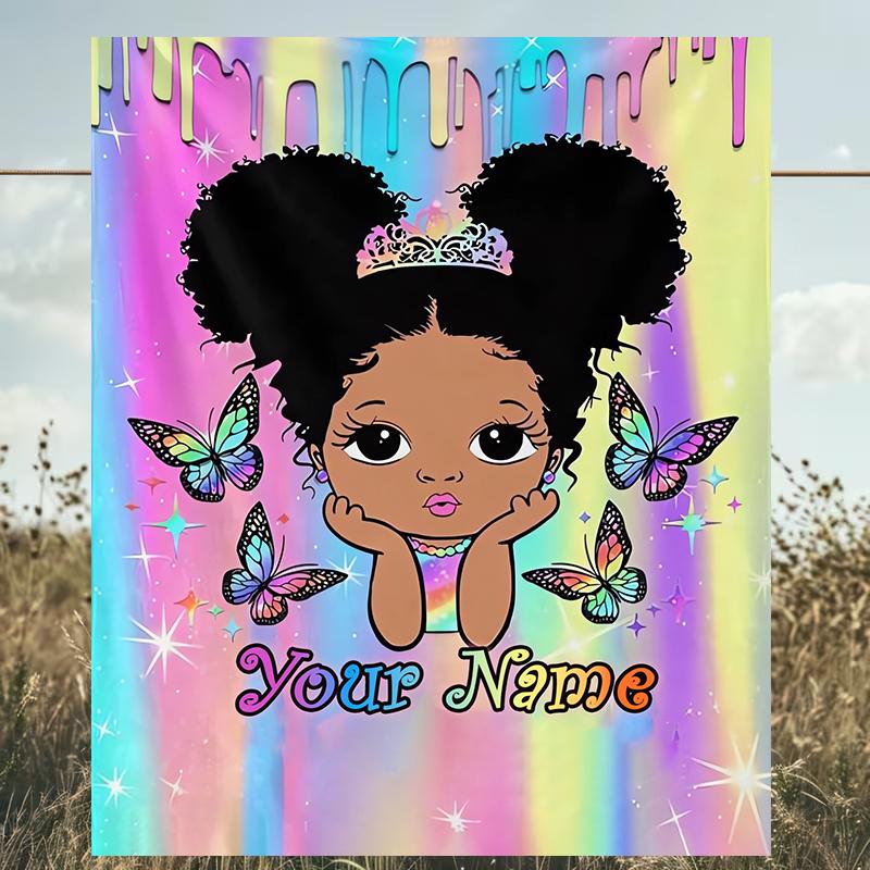 1PC Custom Name Rainbow Dreams Butterfly Princess outdooor Flannel blankets Patterns Throw Blanket All-Season Soft Gift for Couch, Bed, Camping gifts