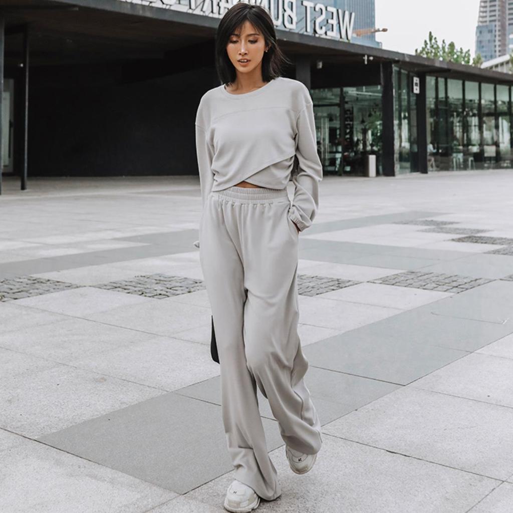 Women Solid Color Long Sleeve O Neck Hoodies Suit Autumn Winter Loose Top Wide Leg Pants