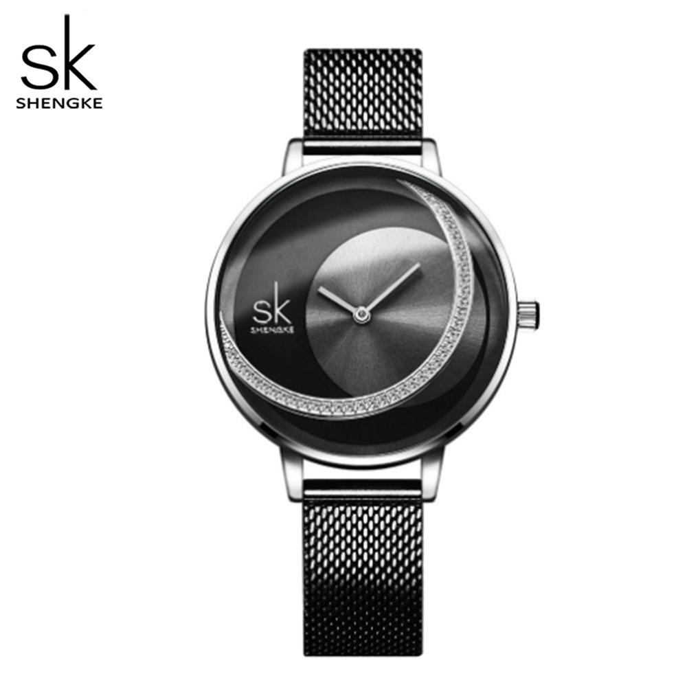 SK Women s Sunray Rose Gold Diamond-Inlaid English Style Waterproof Mesh & Leather Strap Watch - Model 0088.