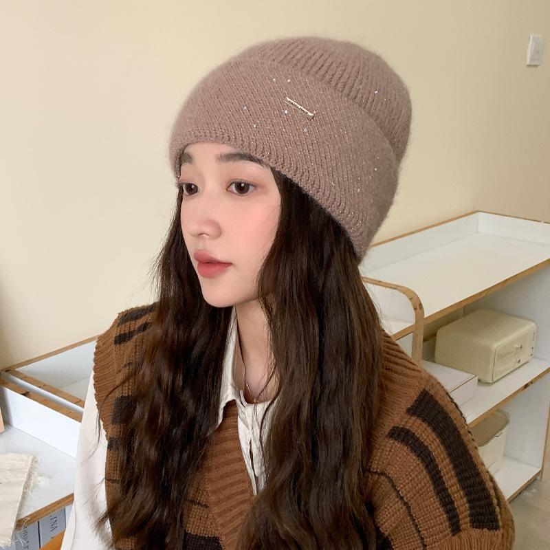 Autumn and winter hats, women's high-end bright diamond rabbit fur knitted wool hats, winter warm and cold-proof ear hats