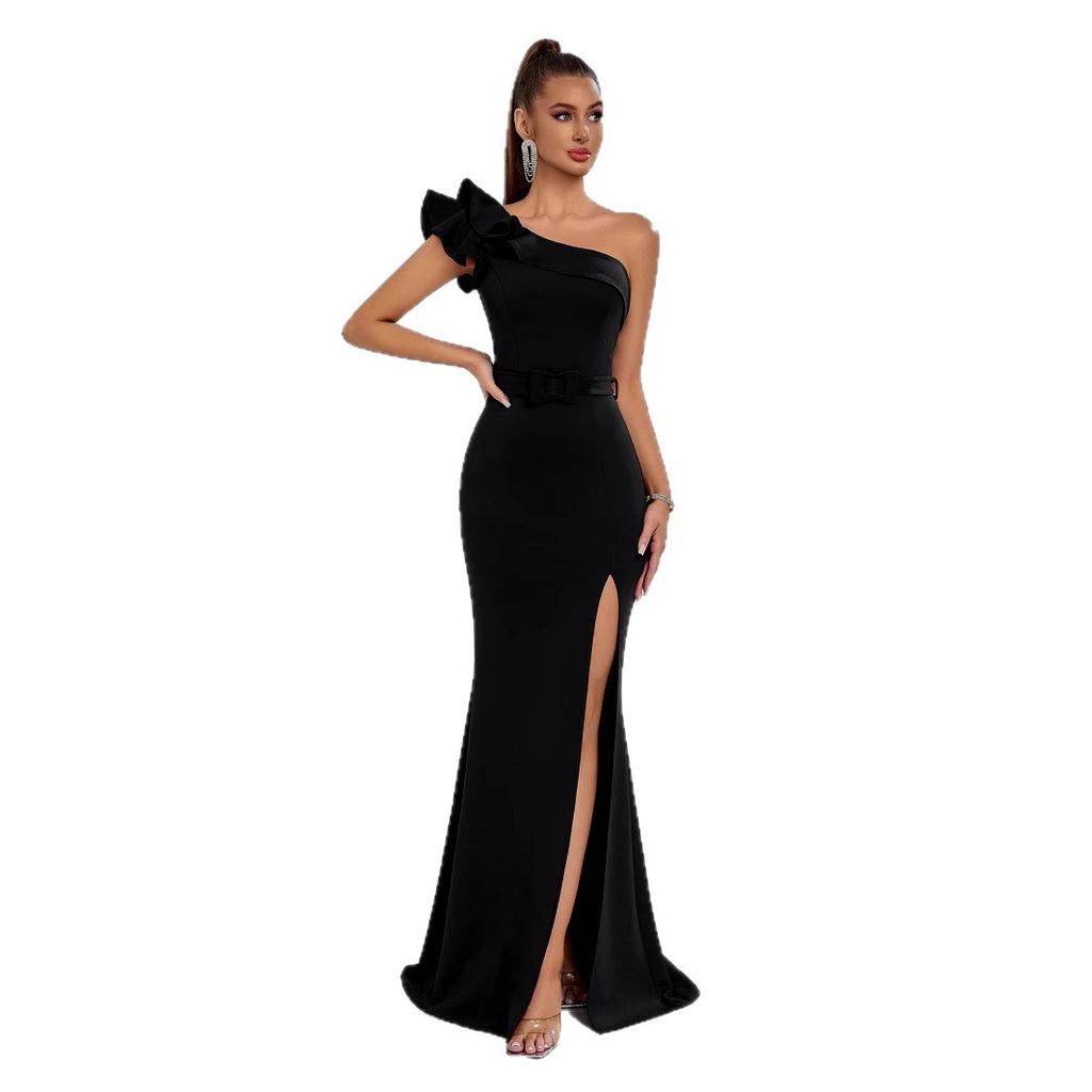Amazon European and American celebrity temperament sexy model car model dress, lotus leaf single shoulder slim long evening dress