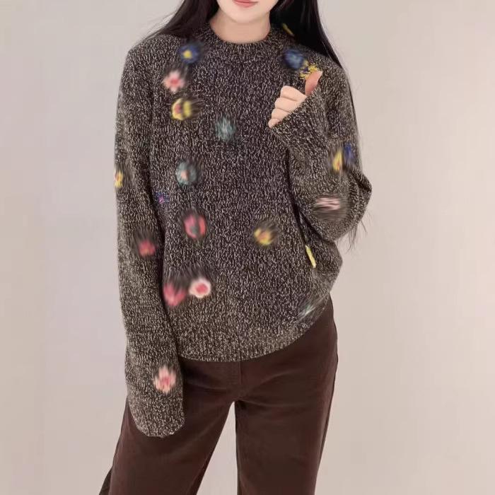 Frühlingsromantik! Französischer Dopamin Jacquard Wollmischung Damen Pullover - Neuer Lässiger Strick
