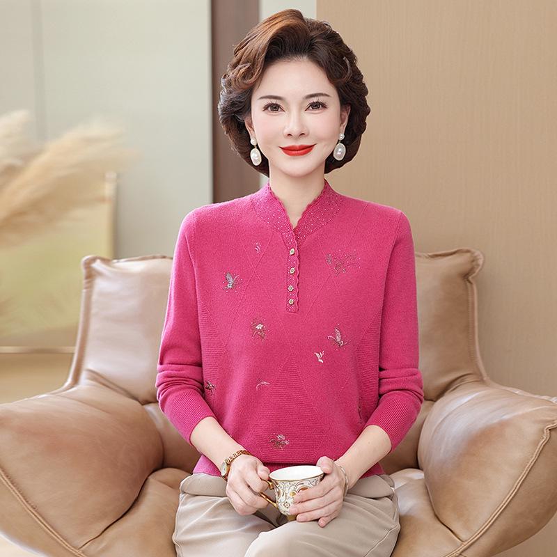 

Women s Woolen Sweater with Cheongsam Collar and Embroidery - Plus Size Warm Base Shirt for Middle-Aged and Elderly 2XL (125-135 lbs)