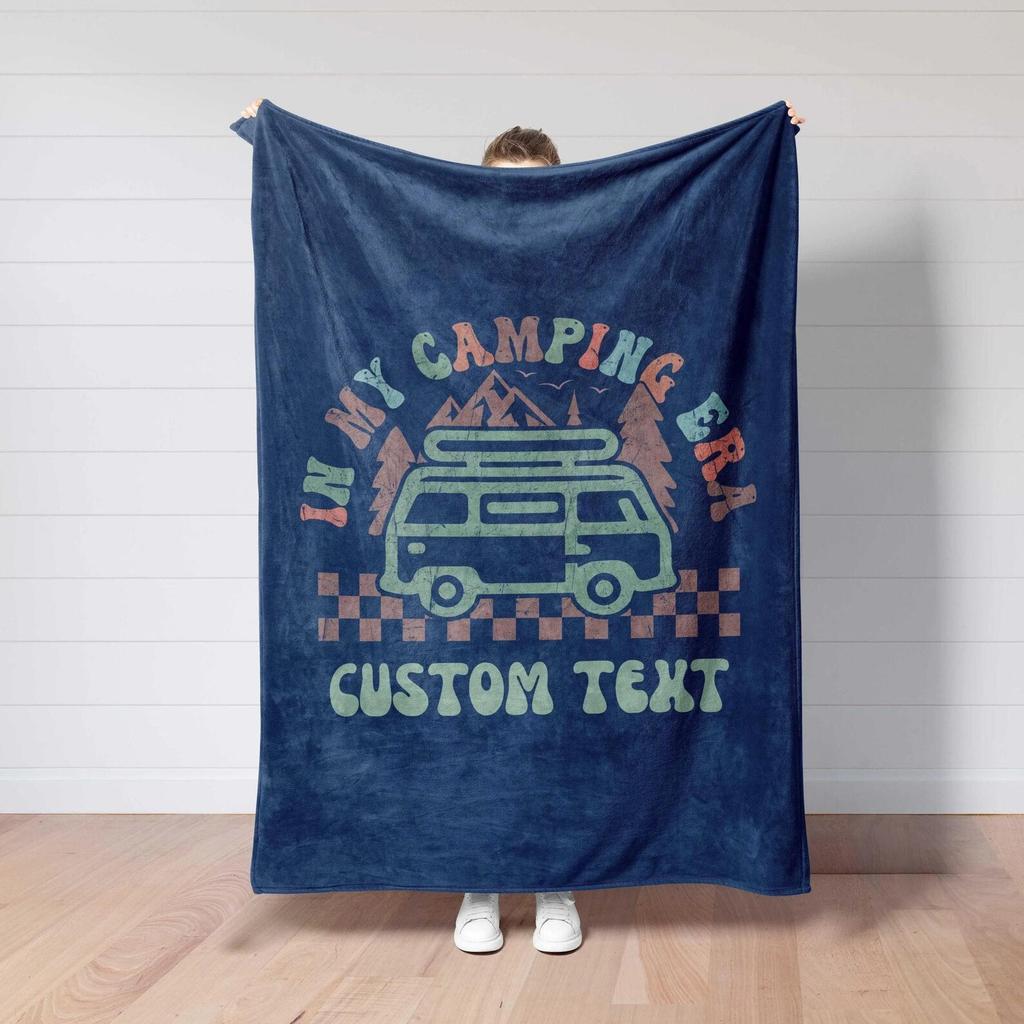 Camping Era Blanket, RV Camper Van Decor, Personalized Minky Sherpa Blanket