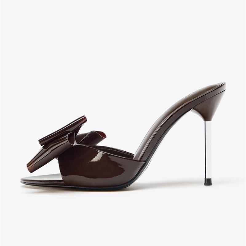 Fashion Sexy Peep Toe Thin Heeled Sandals Women Patent Leather Butterfly Knot Decoration Slippers Elegant Pointed Toe Party High Heels
