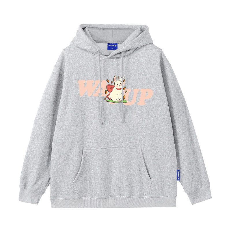 Wassup Rabbit Trendy Brand Hooded Sweatshirt for Men, New Autumn and Winter Loose Fit, Fleece-Lined, Couple Style Casual Top Jacket