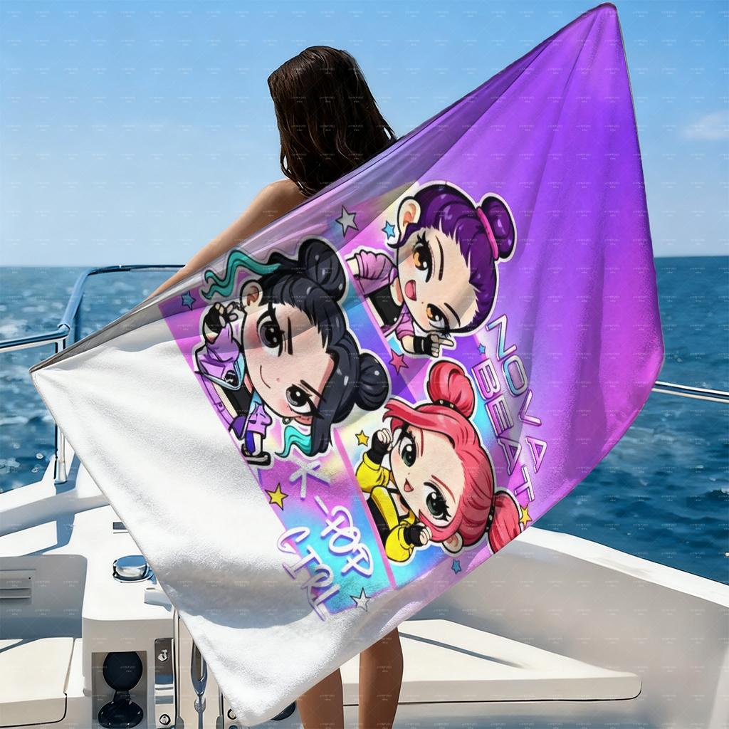K-POP Girl Chibi Beach Towel, Quick Dry Microfiber Absorbent Bath Towel, Cute Cartoon Print Towel for Swimming Pool, K-Pop Fans