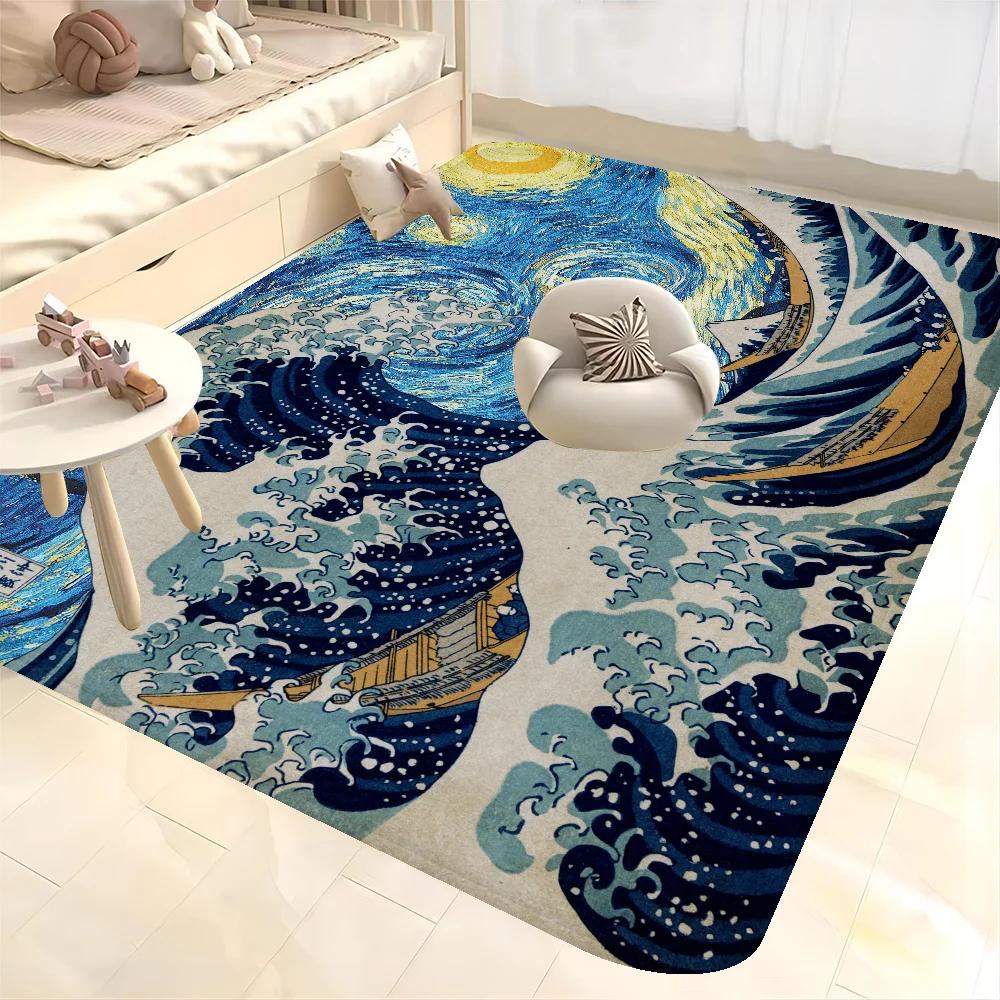 Japanese Wave Art Floor Mat Retro Multiple Choice Living Room Kitchen Rug Non-Slip Modern Home Decor