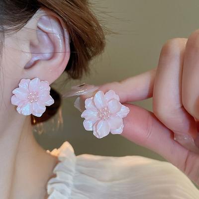 Acrylic Pearl Big Flower Stud Earrings Elegant Flower Ear Stud  Spring And Summer