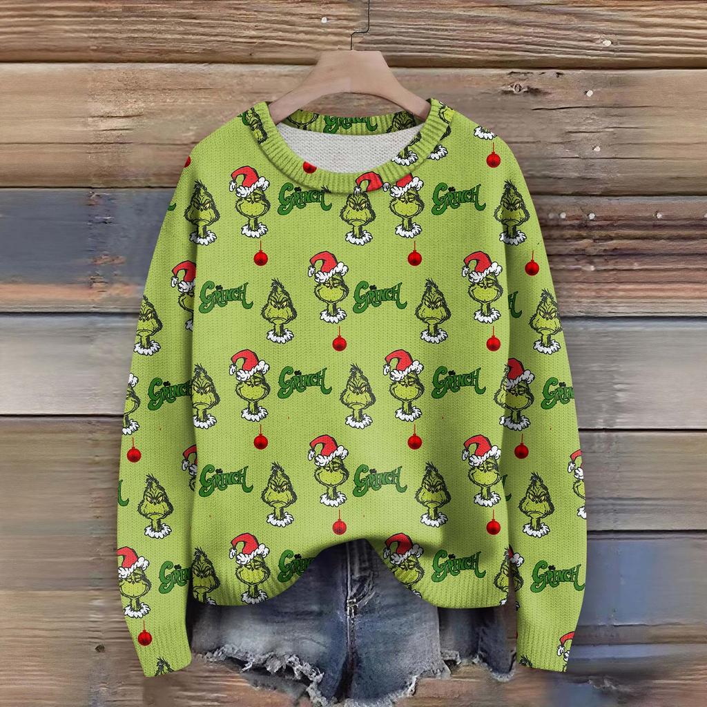 Long Sleeve Pullover Sweaters For Women O Neck Casual Cute Printing Knit Oversized Sweater