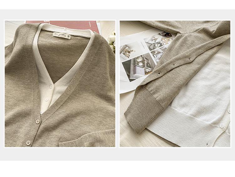 Wool Faux Two-Piece V-Neck Color Block Chic Knit Cardigan for Women - Autumn/Winter Lazy Style Short Sweater Coat