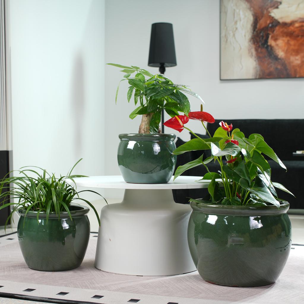 Handmade ceramic plant pot set, 3-piece (Ø 37/30/23 cm), glossy antique blue-green with speckled glaze, frost-resistant, with drainage holes