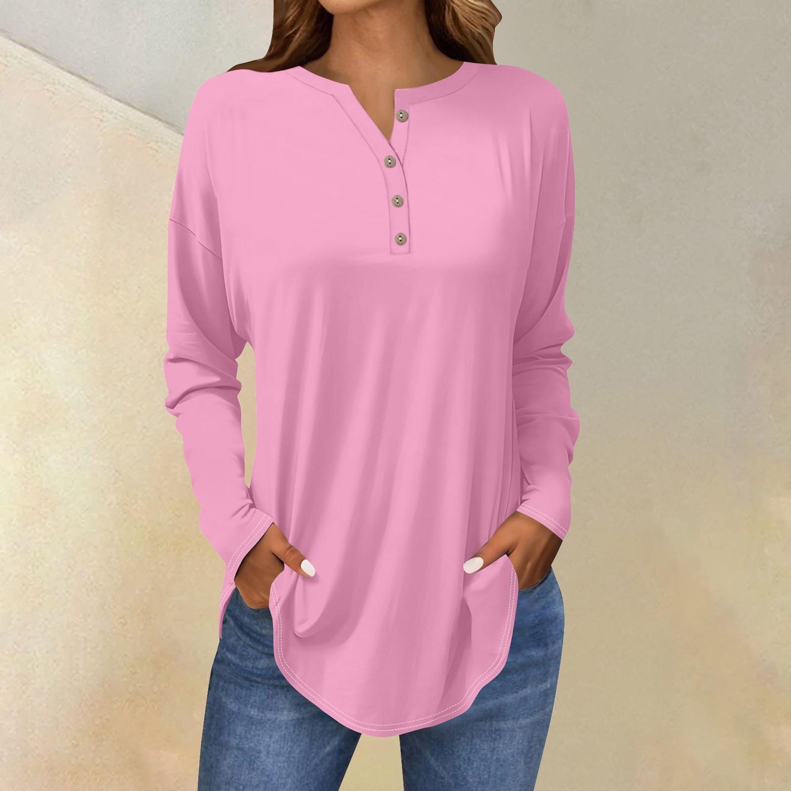 

Футболки для женщин осень повседневные рубашки с длинным рукавом на пуговицах толстовка винтажный топ пуловер L розовый