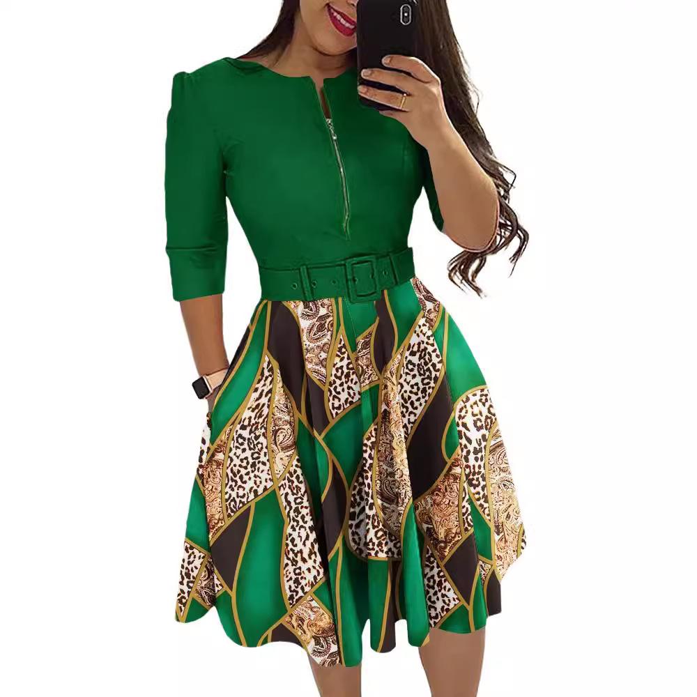 

Осенне-зимнее европейское и американское платье с круглым вырезом и принтом на поясе для женщин 3XL