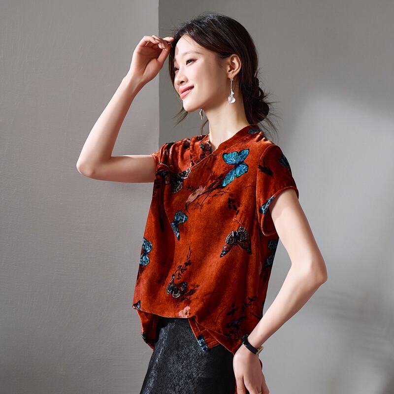 SOFSIL Women s 2026 Summer New Chinese Style Printed Silk Short Sleeve Shirt L